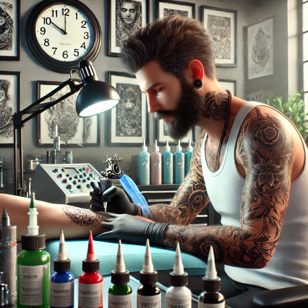Dall·e 2025 03 20 11.45.02 a hyper realistic 3d rendered image of a tattoo artist, chris benvenuto, at work in a professional tattoo studio. the scene captures him focused on in