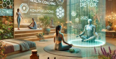 Dall·e 2025 03 20 12.49.55 a futuristic wellness scene featuring holistic practices of 2025. the image includes a serene meditation space with a person using a sound therapy dev