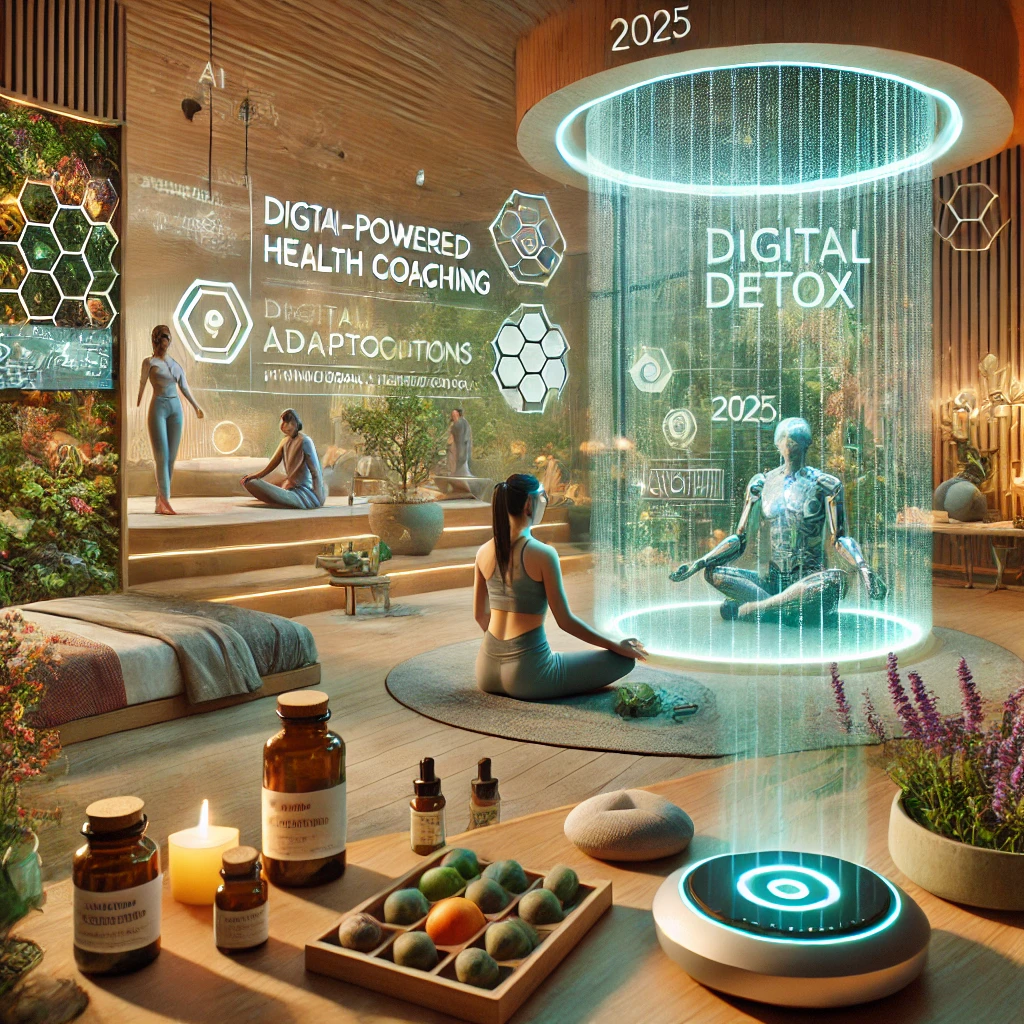 Dall·e 2025 03 20 12.49.55 a futuristic wellness scene featuring holistic practices of 2025. the image includes a serene meditation space with a person using a sound therapy dev