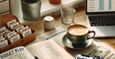 Dall·e 2025 03 20 19.35.21 a cozy kitchen table setup with a 'budget plan' notebook open, a steaming cup of coffee, a smartphone with a budgeting app displayed, a laptop with a