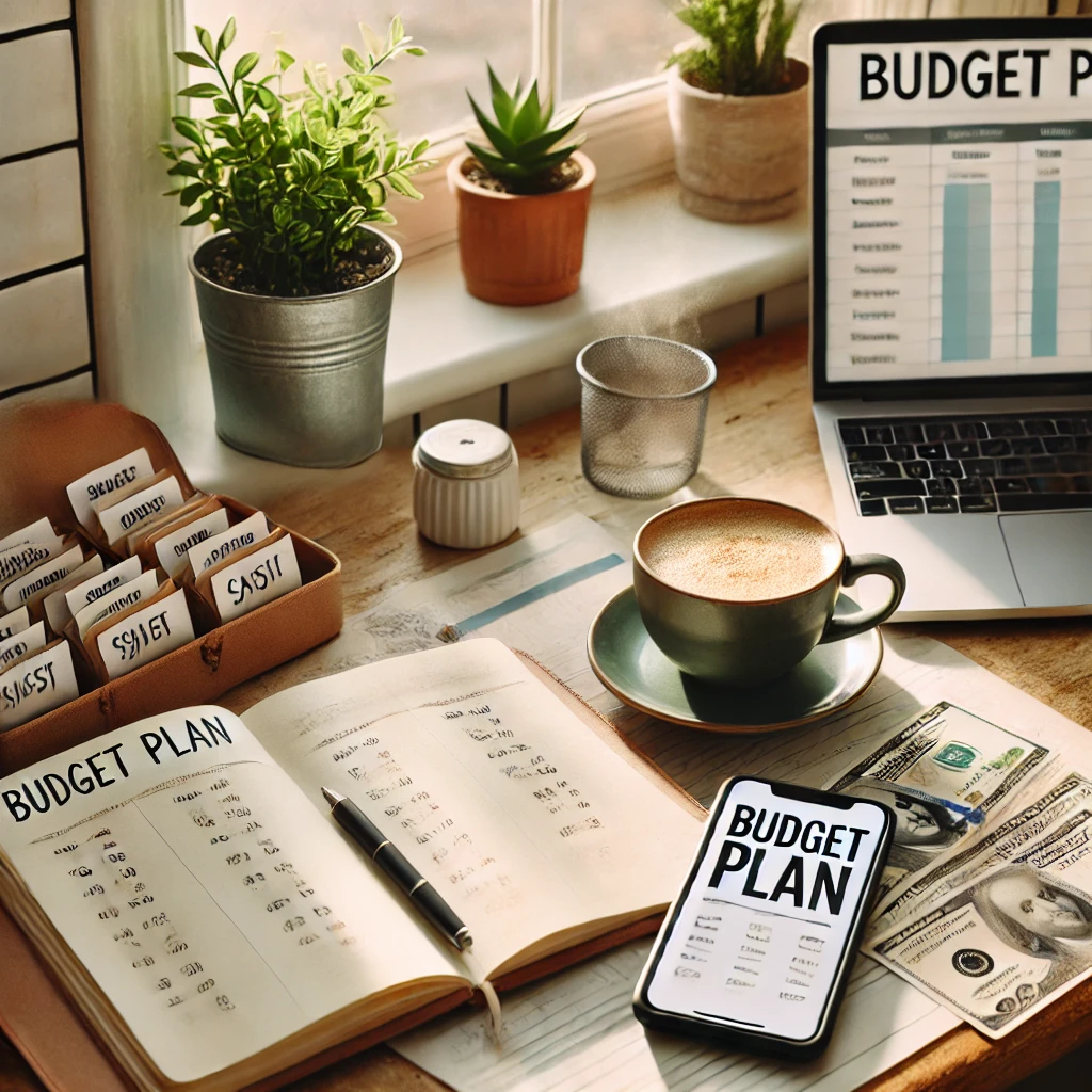 Dall·e 2025 03 20 19.35.21 a cozy kitchen table setup with a 'budget plan' notebook open, a steaming cup of coffee, a smartphone with a budgeting app displayed, a laptop with a