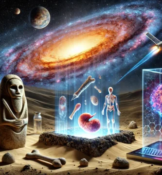 Hyper-realistic 3D artwork symbolizing the top discoveries of 2025, featuring an ancient statue, buried bone tools, a floating 3D-printed organ, a digital human skeleton, a galaxy in deep space, and futuristic technology all converging in a desert landscape