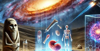 Hyper-realistic 3D artwork symbolizing the top discoveries of 2025, featuring an ancient statue, buried bone tools, a floating 3D-printed organ, a digital human skeleton, a galaxy in deep space, and futuristic technology all converging in a desert landscape