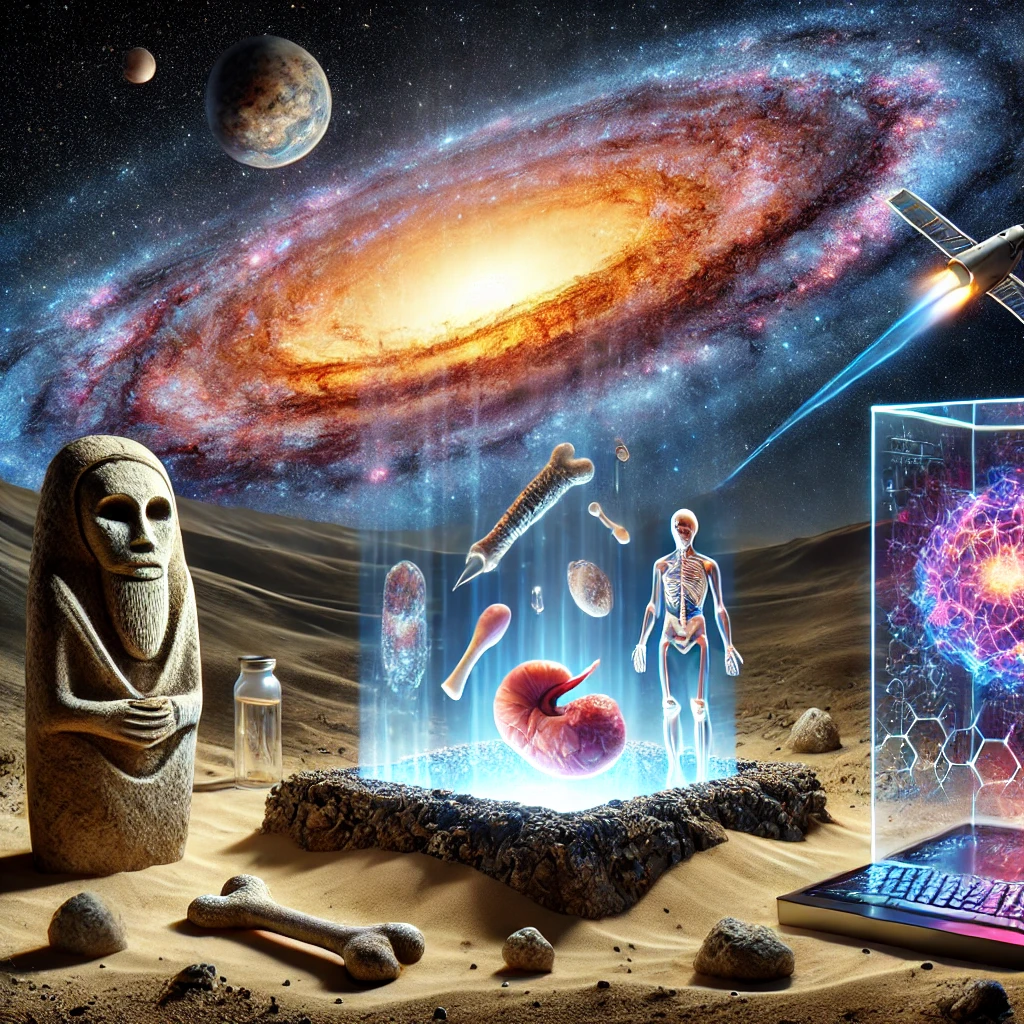 Hyper-realistic 3D artwork symbolizing the top discoveries of 2025, featuring an ancient statue, buried bone tools, a floating 3D-printed organ, a digital human skeleton, a galaxy in deep space, and futuristic technology all converging in a desert landscape