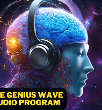 Illustration of a futuristic human head with a glowing blue brain wearing large black headphones, symbolizing cognitive enhancement through audio stimulation. Surrounded by neural connections and a starry space background, the image visually represents The Genius Wave audio program.