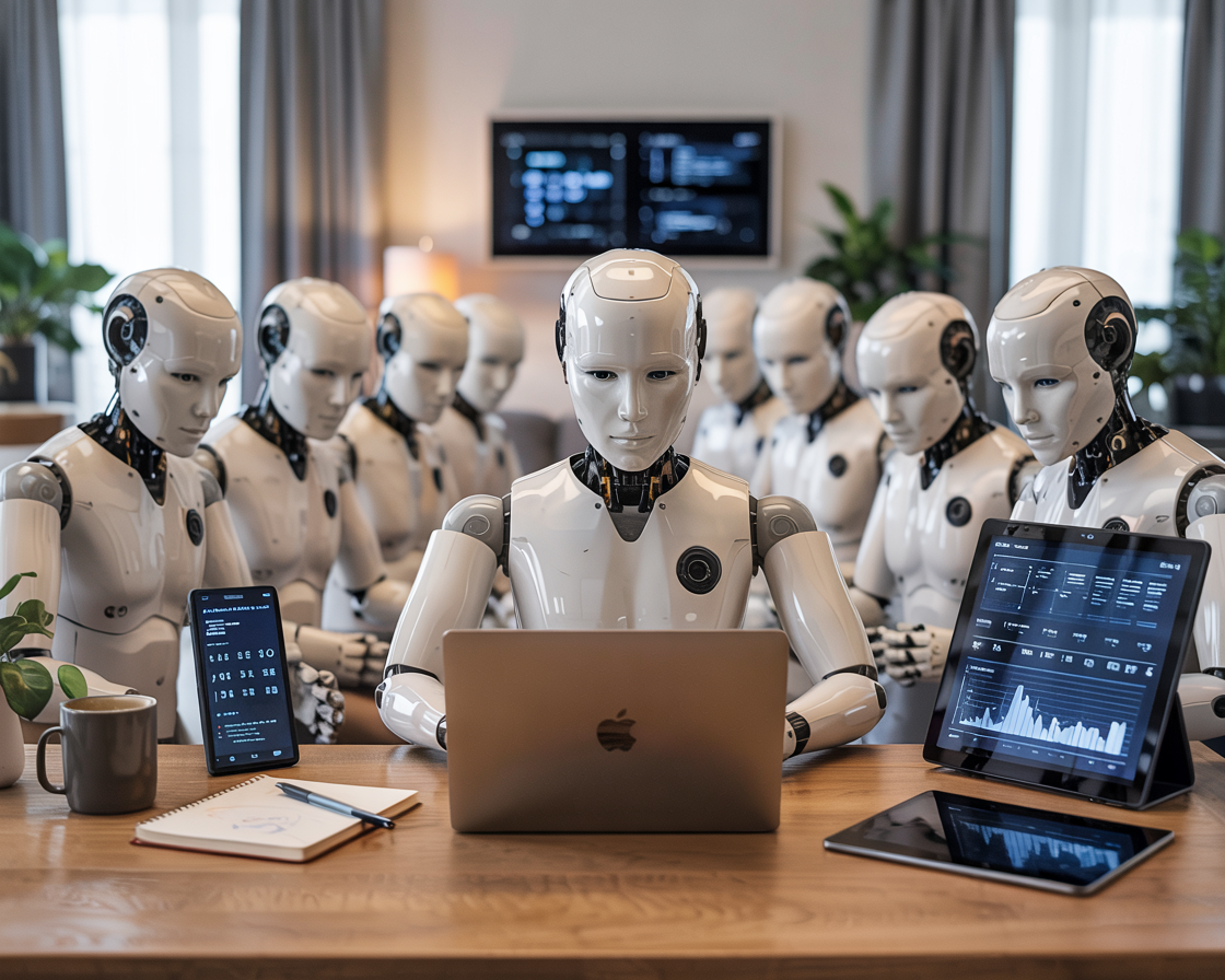 A group of humanoid robots sitting at a wooden desk in a modern office, working on laptops, tablets, and smartphones displaying data dashboards, schedules, and analytics—representing AI tools assisting solopreneurs with business automation in 2025.
