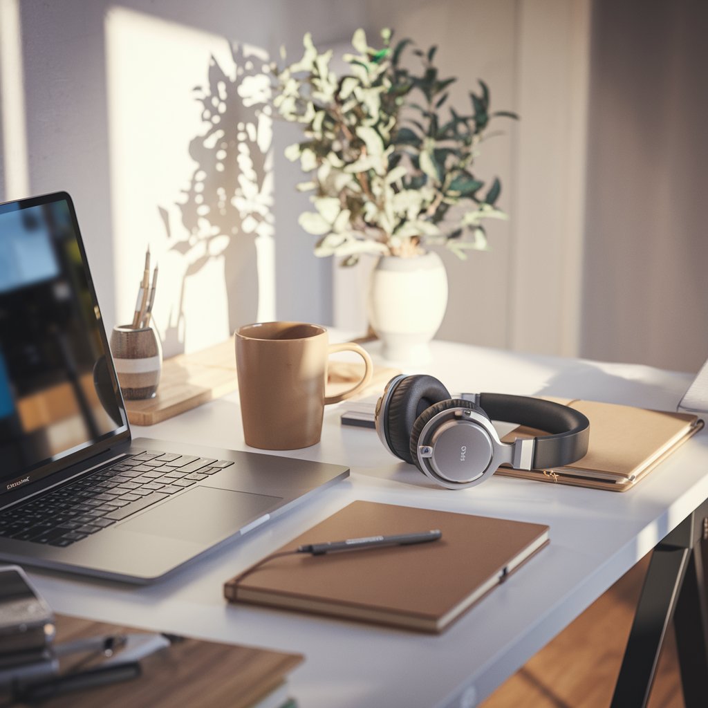 Modern home office workspace with a laptop, brown coffee mug, wireless headphones, notebook, and potted plant on a white desk, bathed in soft natural sunlight.